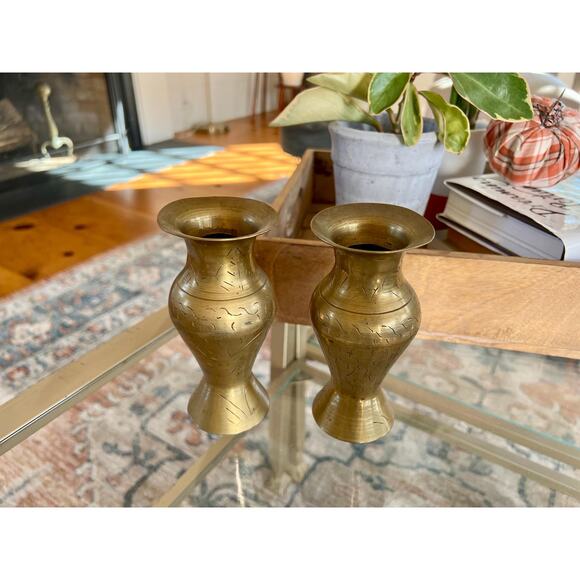 Vintage Brass Vases, Gold Vase, Bohemian, Etched Bud Vases, Wildflower Vases - Picture 3 of 10